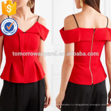 V-образным вырезом Раффлед Подол холодное плечо коротким рукавом Красный летний Топ Производство Оптовая продажа женской одежды (TA0046T)